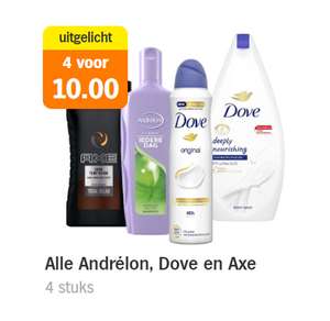 Alle Andrélon, Dove en Axe 4 voor €10 (o.a. Rexona in aanbieding elders €18,10)