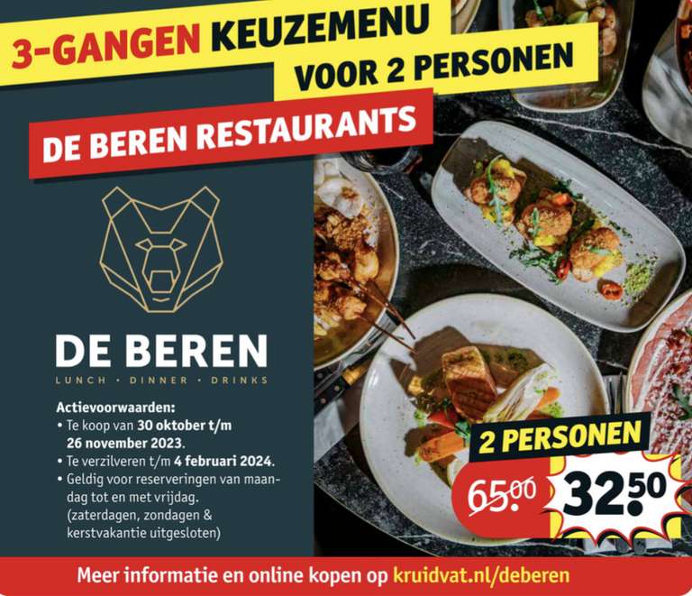 1+1 gratis: driegangenmenu bij De Beren Restaurants