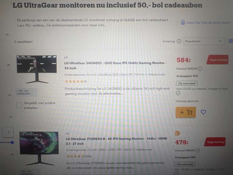 Korting op LG monitoren + cadeaubon twv €25 & €50