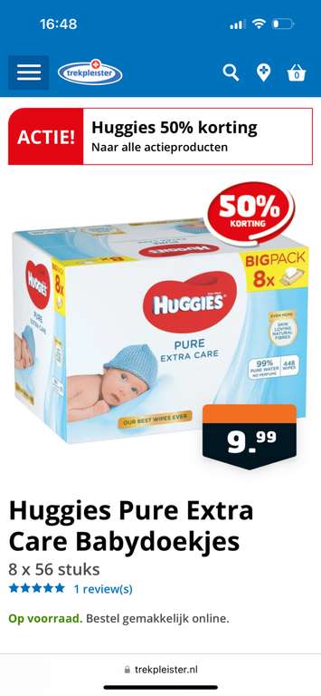50% korting Huggies Pure Extra Care Babydoekjes 8x56