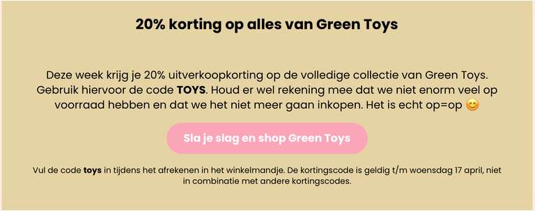 20% korting op alles van Green Toys baby- en peuterspeelgoed bij dekleinelama.nl