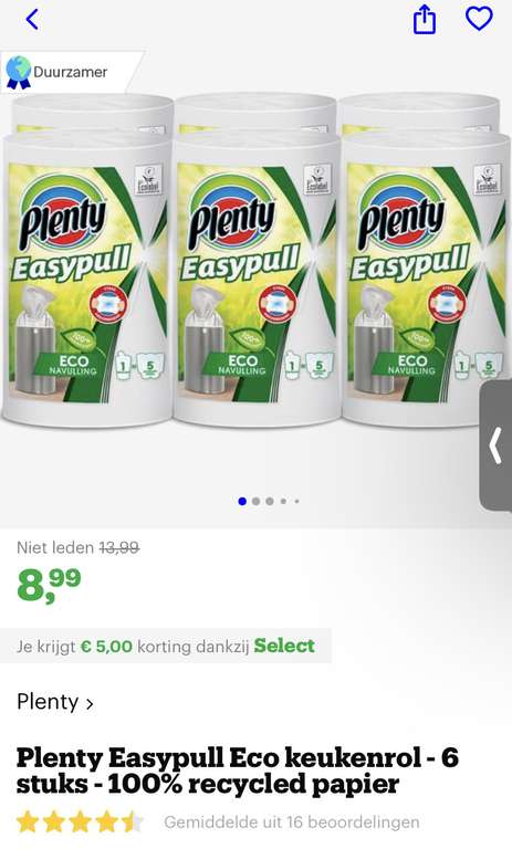 [select deal bol.com] Keukenpapier - Plenty Easypull Eco keukenrol - 6 stuks - 100% recycled papier €8,99