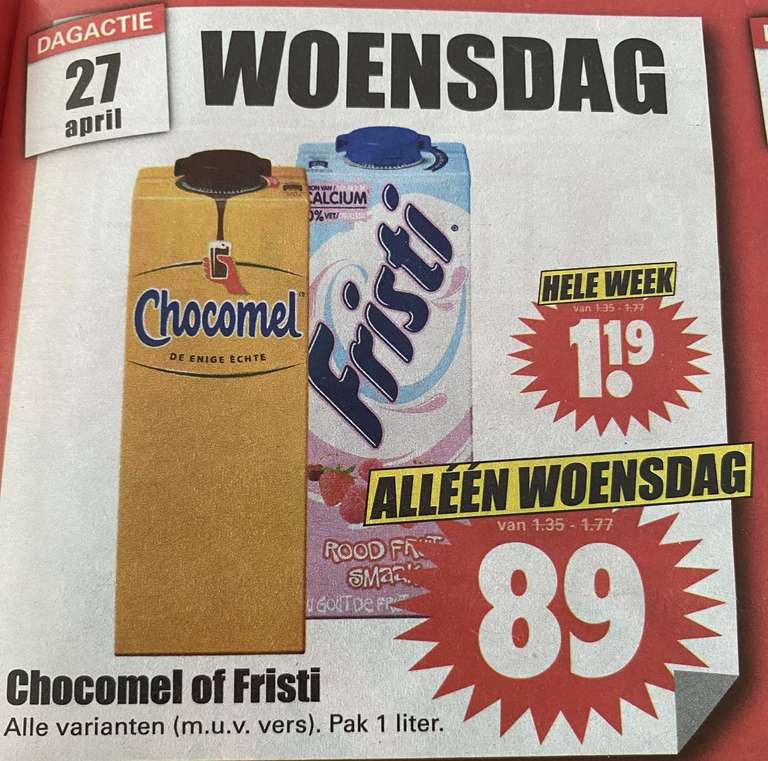 Koningsdagdeal @Dirk: Chocomel of Fristi alle varianten voor €0,89