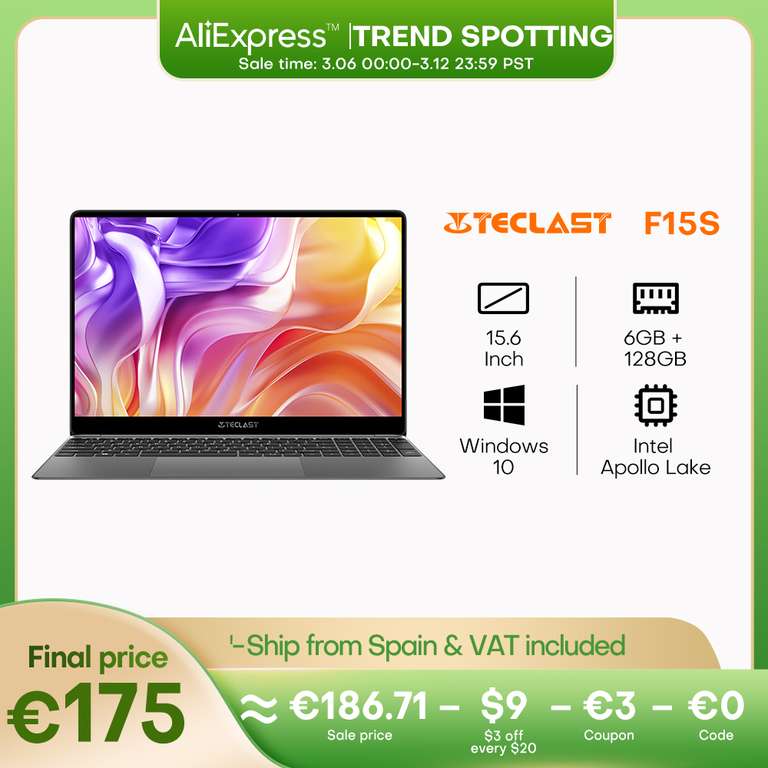 [AliExpress Spain] Teclast F15S 15.6 Inch Laptop - 6GB + 128GB. Full HD. Intel Apollo Lake.