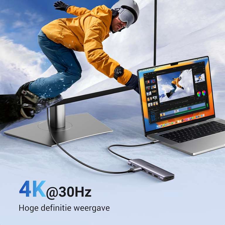 UGREEN 7-in-1 USB-C Hub (4K HDMI, 100W PD, USB C, 2x USB A 3.0, SD/MicroSD) voor €26,77 @ Amazon NL