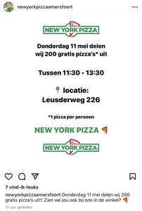 Gratis pizza op do 11 mei tussen 11.30-13.30u bij New York Pizza in Amersfoort