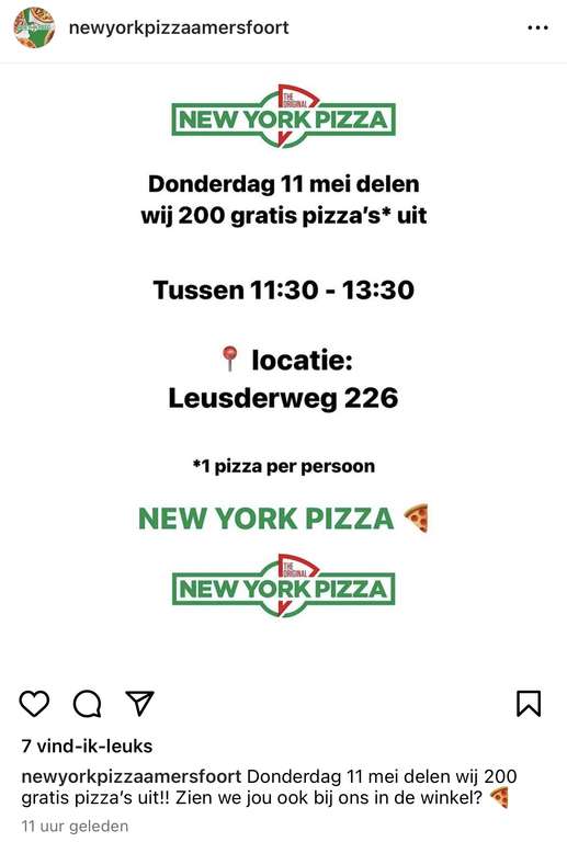 Gratis pizza op do 11 mei tussen 11.30-13.30u bij New York Pizza in Amersfoort