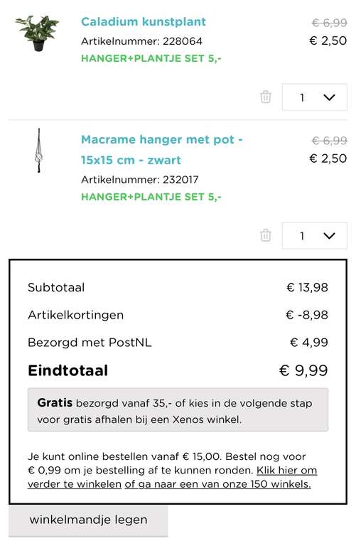 Hanger + Pot + Kunstplant [Combi deal] voor €5,- @ Xenos